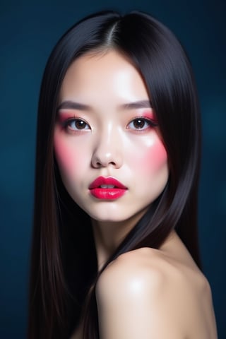 




pretty woman, sleek straight hair, abstract dark blue background, glossy makeup, glossy pink lips, white skin, long hair, colorful eyes, red cheeks, snow white skin