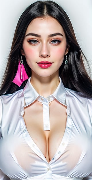 woman, beautiful face, perfect face, colorful eyes fully black hair, pale white skin, sexy marks, perfect, fully white abstract background, shiny pink accessories, blue and white theme, best quality, clear texture, details, canon eos 80d photo, light makeup, (very big boobs in formal open dress shirt: 1.1), smile, (blue_background: 1.0)