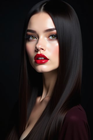 




pretty woman, sleek straight hair, abstract black background, glossy makeup, glossy redlips, white skin, long hair, colorful eyes