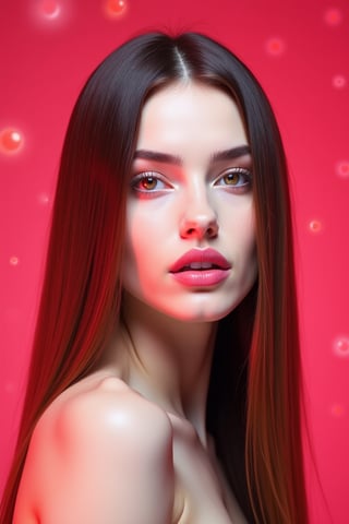 




pretty woman, sleek straight hair, abstract red pink background, glossy makeup, glossy pink lips, white skin, long hair, colorful eyes