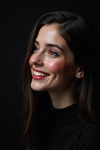 




pretty woman, black dark color theme, red natural cheeks, , pink lips, glossy shiny reflective lips, long straight hair, looking aside, snow white skin tone, happy smile