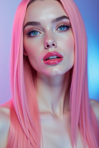 




pretty woman, sleek straight hair, abstract pink blue background, glossy makeup, glossy pink lips, white skin, long hair, colorful eyes