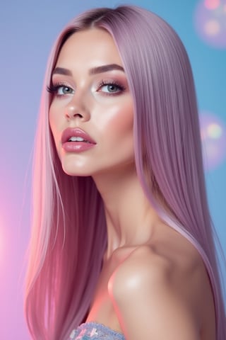 




pretty woman, sleek straight hair, abstract pink blue background, glossy makeup, glossy pink lips, white skin, long hair, colorful eyes