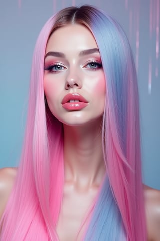 




pretty woman, sleek straight hair, abstract pink blue background, glossy makeup, glossy pink lips, white skin, long hair, colorful eyes