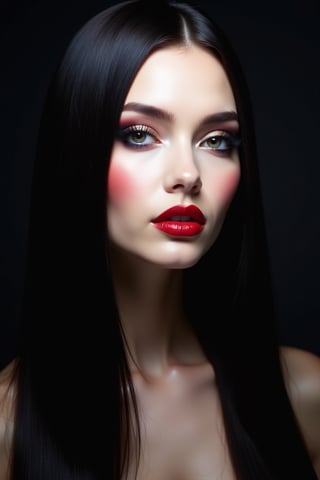 




pretty woman, sleek straight hair, abstract black background, glossy makeup, glossy redlips, white skin, long hair, colorful eyes