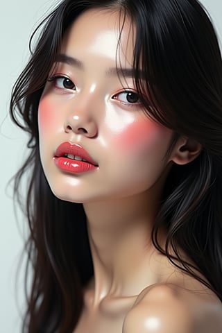 




pretty woman, graphics interesting creative effect, white and black theme, light skin, red cheeks, pale pink lips, glossy shiny reflective lips, long straight hair, looking aside, glossy skin, pumpy face fat 