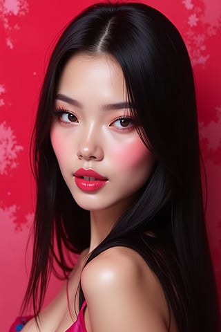 




pretty woman, sleek straight hair, abstract red pink background, glossy makeup, glossy pink lips, white skin, long black hair, colorful eyes