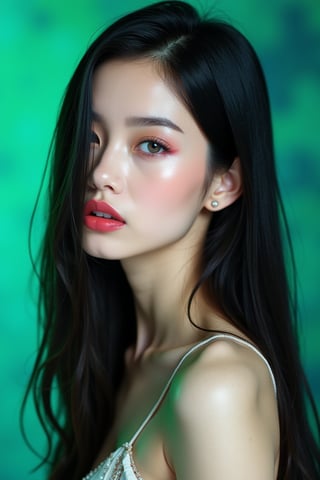 




pretty woman, sleek straight hair, abstract green blue background, glossy makeup, glossy pink lips, white skin, long black hair, colorful eyes