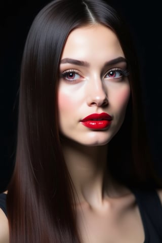 




pretty woman, sleek straight hair, abstract black background, glossy makeup, glossy redlips, white skin, long hair, colorful eyes