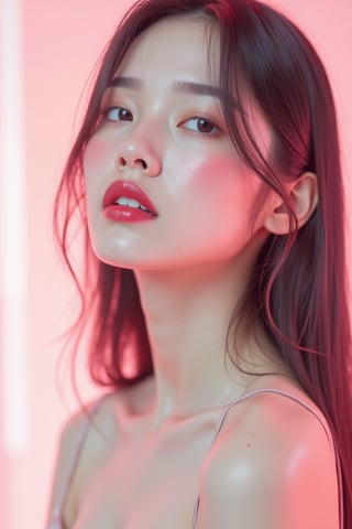 




pretty woman, graphics interesting creative effect, white and pink theme, light skin, red cheeks, pale pink lips, glossy shiny reflective lips, long straight hair, looking aside, glossy skin