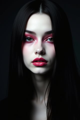 




pretty woman, graphics interesting creative effect, black dark color theme, white skin, , , , glossy pink lips, long straight hair, 