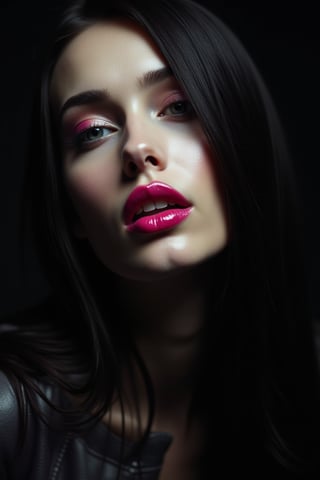 




pretty woman, graphics interesting creative effect, black dark color theme, white skin, , , , glossy pink lips, long straight hair, 