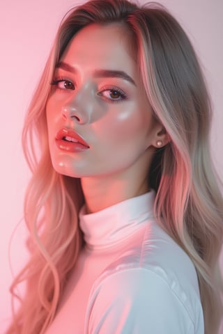 




pretty woman, graphics interesting creative effect, white and pink theme, light skin, red cheeks, pale pink lips, glossy shiny reflective lips, long straight hair, looking aside, glossy skin, pumpy face fat 