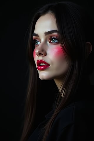 




pretty woman, black dark color theme, red natural cheeks, , pink lips, glossy shiny reflective lips, long straight hair, looking aside, snow white skin tone