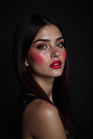 




pretty woman, graphics interesting creative effect, black dark color theme, light skin, red cheeks, , pink lips, glossy shiny reflective lips, long straight hair, looking aside