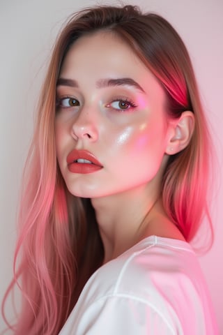 




pretty woman, graphics interesting creative effect, white and pink theme, light skin, red cheeks, pale pink lips, glossy shiny reflective lips, long straight hair, looking aside, glossy skin