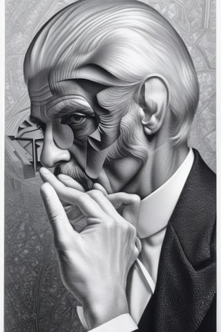 Masterpiece, man, Maurits Cornelis Escher, Dutch artist, Escher realistic photo, Escher in his workshop, hyperrealistic photo, extremely original, short white beard, white hair, wearing a black suit, place him in a landscape in Italy, high photo resolution, high resolution face, 8k, high definition, male, older man.