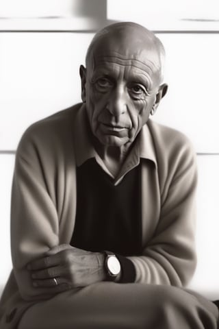 illustration, Character design, Pablo Picasso, high definition, sitting next to his paintings, painted Picasso, painter, man, plastic artist, Picasso's real face, make it well detailed, very similar to Pablo Picasso, high definition image, add all the features of Pablo Picasso, realistic face, 8k, masterpiece.