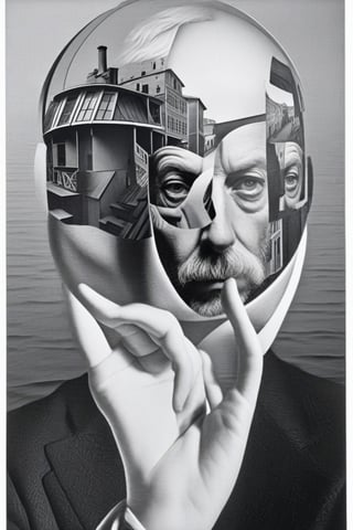 Masterpiece, man, Maurits Cornelis Escher, Dutch artist, Escher realistic photo, Escher in his workshop, hyperrealistic photo, extremely original, short white beard, white hair, wearing a black suit, place him in a landscape in Italy, high photo resolution, high resolution face, 8k, high definition, male, older man.