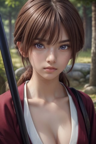 (Masterpiece, ultra-definition photo, highest image quality, ultra-high resolution, photorealistic), 1 person, female, 19 years old, mysterious beautiful girl, delicate features, brown hair, long straight hair, evenly parted bangs, sagging hair Wind, (Parting, Bangs: 1.45), Female Samurai, Holding a Japanese Sword, Detailed and Complex Busy Background, High Detail Skin, Realistic Skin Detail, Foco Sun, White Skin, Wilderness, Detailed Face and Chest, (Extreme Short stature, very small breasts), detailed description of hands, looking at you, (upper body close-up),SamuraiXQuiron man