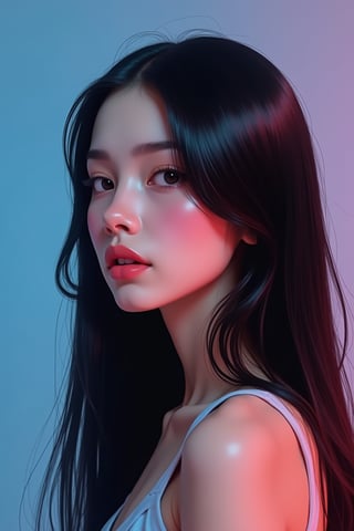 




pretty woman, western face marks, , blue-pink-background only, light skin, , , glossy pink lips, , long black hair, super straight hair, reflective hair, looking aside, super realistic details