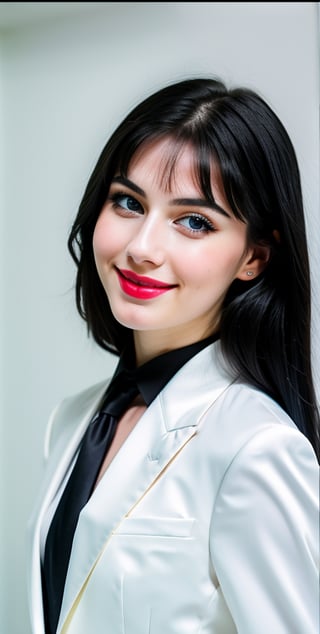 woman, beautiful face, perfect face, blue eyes fully black hair, pale white skin, sexy marks, perfect, abstract white and black background, shiny accessories, best quality, clear texture, details, canon eos 80d photo, very little light makeup, reflective formal business suit costume, smile, upper body 