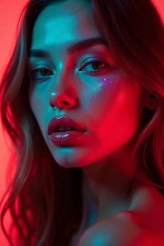 





pretty woman, graphics interesting creative effect, dark red green neon lights theme, pink lips, glossy shiny reflective lips, long straight hair, snow white skin 