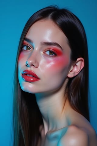 




pretty woman, graphics interesting creative effect, blue-background only, light skin, red cheeks, , pink lips, glossy shiny reflective lips, long straight hair, looking aside