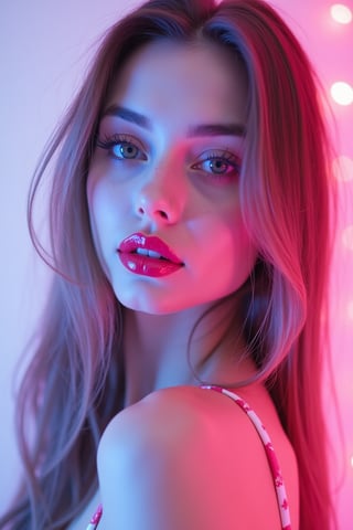 





pretty woman, graphics interesting creative effect, white background neon lights, pink lips, glossy shiny reflective lips, long straight hair, snow white skin