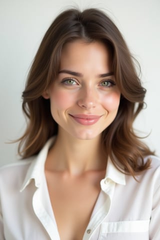 




woman, white background, waist-up shot, smile, creative, snow white skin tone, brunette hair, green eyes, ligh skin tone