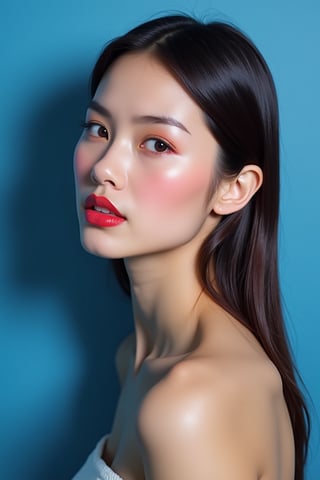 




pretty woman, graphics interesting creative effect, blue-background only, light skin, red cheeks, , pink lips, glossy shiny reflective lips, long straight hair, looking aside