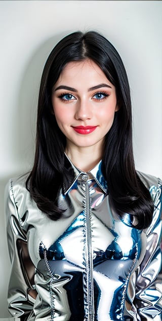 woman, beautiful face, perfect face, blue eyes fully black hair, pale white skin, sexy marks, perfect, abstract white and black background, shiny accessories, best quality, clear texture, details, canon eos 80d photo, very little light makeup, reflective formal business suit costume, smile, upper body 