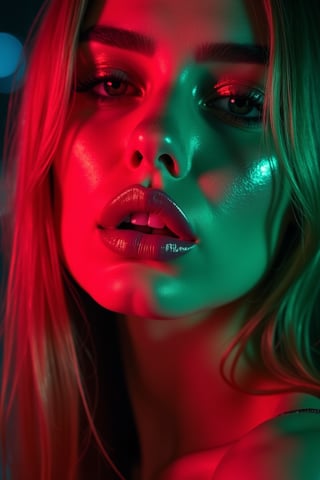 





pretty woman, graphics interesting creative effect, dark red green neon lights theme, pink lips, glossy shiny reflective lips, long straight hair, snow white skin 