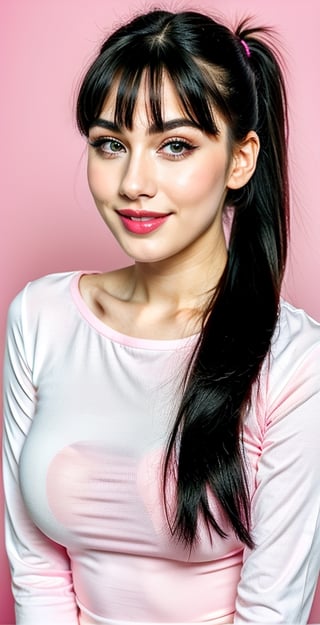 woman, beautiful face, perfect face, colorful eyes fully black hair, ponytail hairstyle with front long side bangs, pale white skin, sexy marks, perfect, fully white green and pink abstract background, shiny pink accessories, green and pink background theme, best quality, clear texture, details, canon eos 80d photo, light makeup, (very big boobs in tight shirt: 1.0), happy smile