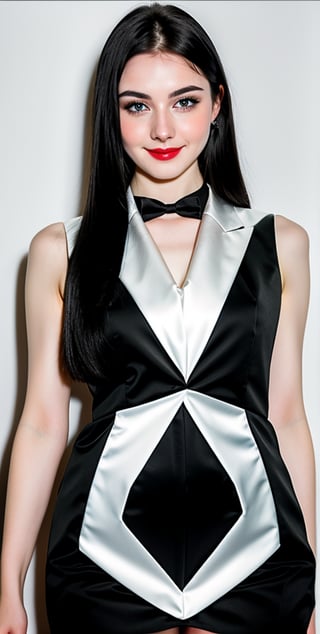 woman, beautiful face, perfect face, blue eyes fully black hair, pale white skin, sexy marks, perfect, abstract white and black background, shiny accessories, best quality, clear texture, details, canon eos 80d photo, very little light makeup, reflective formal business suit costume, smile, upper body 