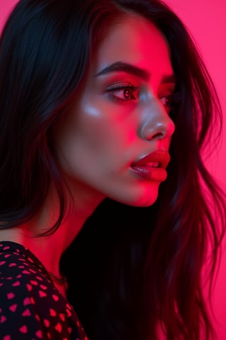 




pretty woman, graphics interesting creative effect, hot pink and black color theme, light skin, red cheeks, , pink lips, glossy shiny reflective lips, long straight hair, looking aside