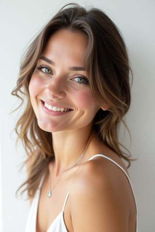 




woman, white background, waist-up shot, smile, creative, snow white skin tone, brunette hair, green eyes, ligh skin tone