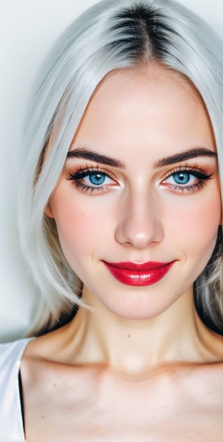 





woman , beautiful face, perfect face, blue eyes fully white hair, pale white skin, sexy marks, perfect, abstract white and black background, shiny accessories, best quality, clear texture, details, canon eos 80d photo, very little light makeup, reflective costume, smile, upper body