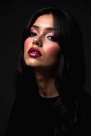 




pretty woman, graphics interesting creative effect, black dark color theme, light skin, red cheeks, , pink lips, glossy shiny reflective lips, long straight hair