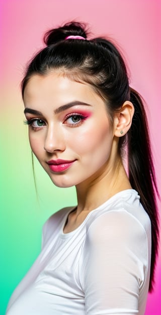 woman, beautiful face, perfect face, colorful eyes fully black hair, ponytail hairstyle, front long side bangs hairstyle, pale white skin, sexy marks, perfect, fully white green and pink abstract background, shiny pink accessories, green and pink background theme, best quality, clear texture, details, canon eos 80d photo, light makeup, (very big boobs in tight shirt: 1.0), happy smile