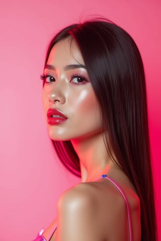 




pretty woman, graphics interesting creative effect, pink-background only, light skin, red cheeks, , pink lips, glossy shiny reflective lips, long straight hair, looking aside