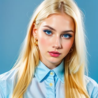 woman, (cute-pretty-face: 1.2), colorful eyes fully blond hair, pale white skin, sexy marks, perfect, (blue_solid_background: 1.3), best quality, clear texture, details, canon eos 80d photo, light shiny makeup, (normal-expressions: 1.2), (gloss-white-makeup: 0.9), (wearing-golden-fashion-accessories: 1.3), parted hair hairstyle, (straight-long-hair: 1.1), (wearing-strange-modern-exposed-clothing: 1.0), (big-boobs-thin-shirt: 1.2)