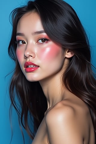 




pretty woman, graphics interesting creative effect, blue-background only, light skin, red cheeks, , pink lips, glossy shiny reflective lips, long straight hair, looking aside