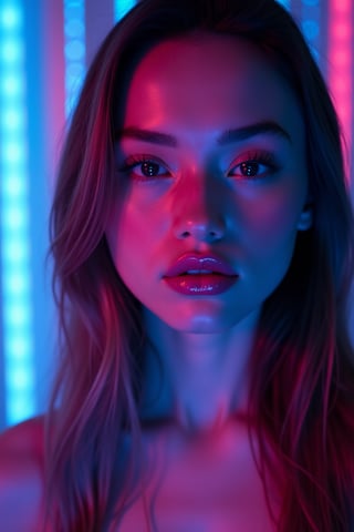 





pretty woman, graphics interesting creative effect, dark pink blue neon lights theme, pink lips, glossy shiny reflective lips, long straight hair, snow white skin 