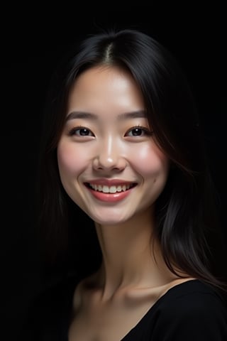 




26 years old woman, black background, dark theme, snow white skin tone, ligh skin tone, super straight hair, tall oval face shape, light makeup, smile, glossy lips, western face, ultra detailed