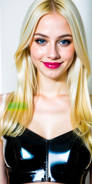 





woman , beautiful face, perfect face, blue eyes fully blonde yellow hair, pale white skin, sexy marks, perfect, abstract white and black background, shiny accessories, best quality, clear texture, details, canon eos 80d photo, very little light makeup, reflective costume, smile, upper body