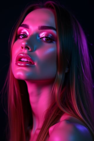 





pretty woman, graphics interesting creative effect, black background neon lights, pink lips, glossy shiny reflective lips, long straight hair, snow white skin