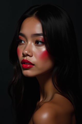 




pretty woman, graphics interesting creative effect, black dark color theme, light skin, red cheeks, , pink lips, glossy shiny reflective lips, long straight hair, looking aside