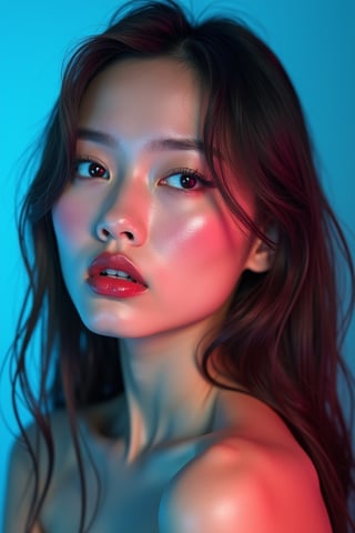 




pretty woman, graphics interesting creative effect, blue-background only, light skin, red cheeks, , pink lips, glossy shiny reflective lips, long straight hair, looking aside