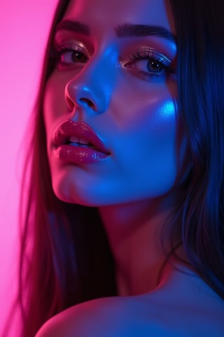 





pretty woman, graphics interesting creative effect, dark pink blue neon lights theme, pink lips, glossy shiny reflective lips, long straight hair, snow white skin 